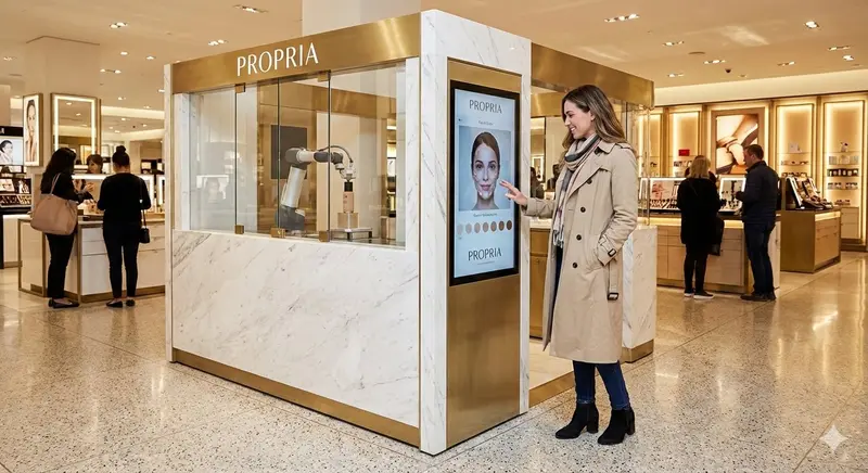Propria Beauty kiosk — precision foundation mixing in a luxury retail setting