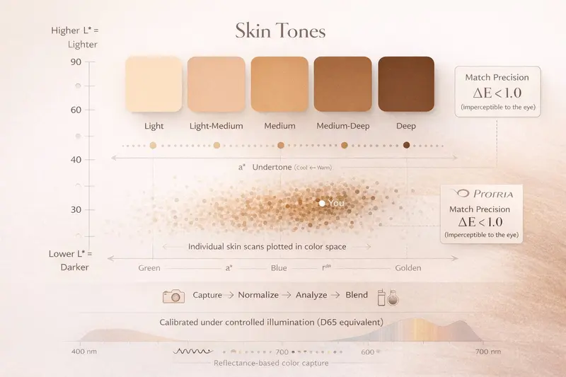 Propria spectral skin tone analysis — color space mapping with ΔE precision